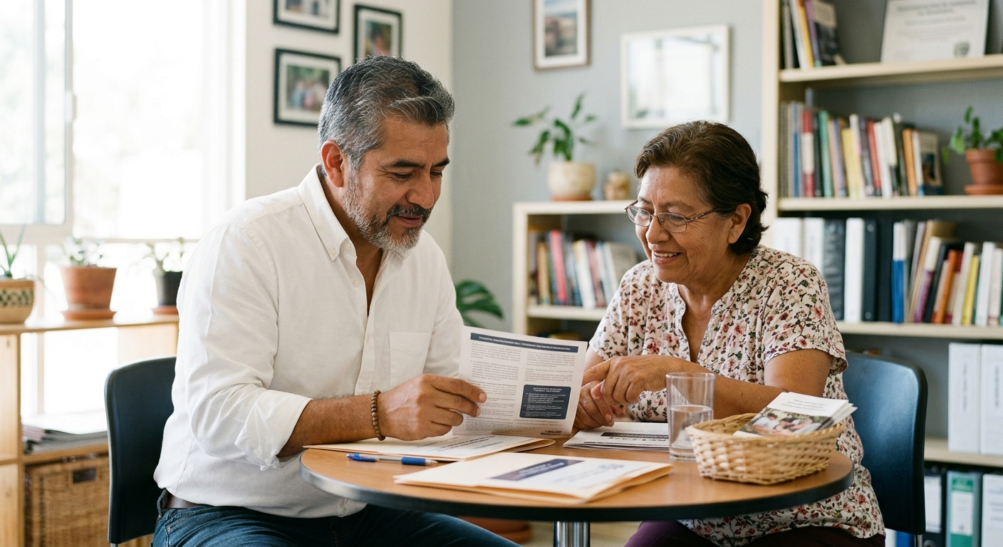 Asesor financiero conversando con una clienta sobre planeación económica